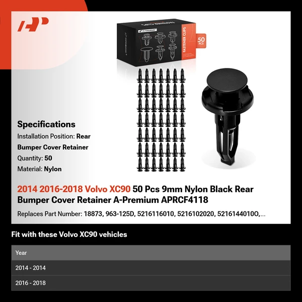 2014 2016-2018 Volvo XC90 50 Pcs 9mm Nylon Black Rear Bumper Cover Retainer A-Premium APRCF4118