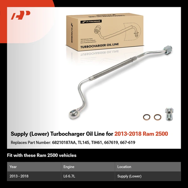 Supply (Lower) Turbocharger Oil Line for 2013-2018 Ram 2500