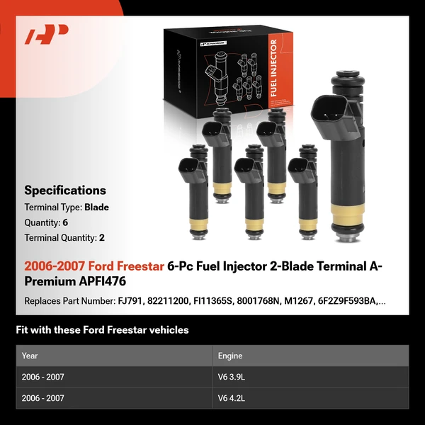 2006-2007 Ford Freestar 6-Pc Fuel Injector 2-Blade Terminal A-Premium APFI476