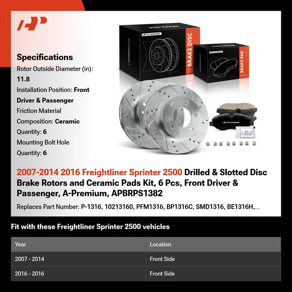 2007-2014 2016 Freightliner Sprinter 2500 Drilled & Slotted Disc Brake Rotors and Ceramic Pads Kit, 6 Pcs, Front Driver & Passenger, A-Premium, APBRPS1382