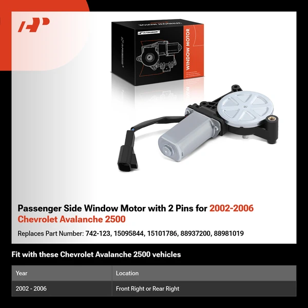 Passenger Side Window Motor with 2 Pins for 2002-2006 Chevrolet Avalanche 2500