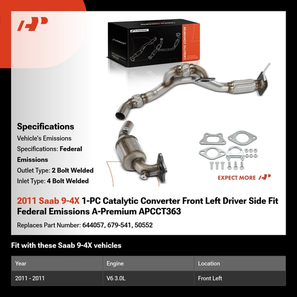 2011 Saab 9-4X 1-PC Catalytic Converter Front Left Driver Side Fit Federal Emissions A-Premium APCCT363