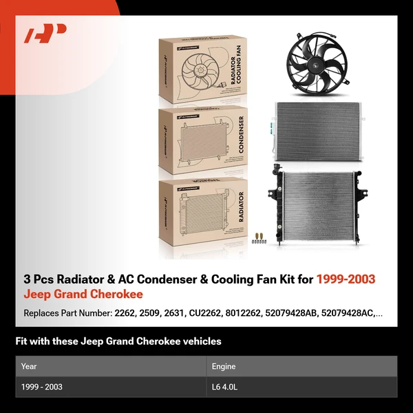 3 Pcs Radiator & AC Condenser & Cooling Fan Kit for 1999-2003 Jeep Grand Cherokee