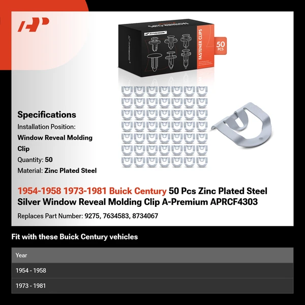 1954-1958 1973-1981 Buick Century 50 Pcs Zinc Plated Steel Silver Window Reveal Molding Clip A-Premium APRCF4303