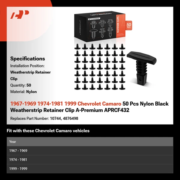 1967-1969 1974-1981 1999 Chevrolet Camaro 50 Pcs Nylon Black Weatherstrip Retainer Clip A-Premium APRCF432