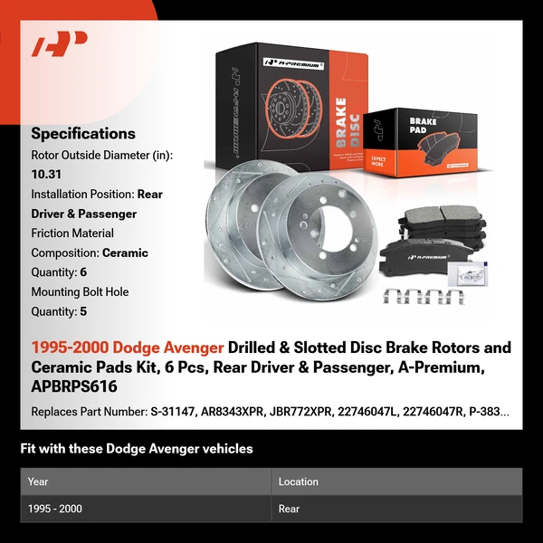1995-2000 Dodge Avenger Drilled & Slotted Disc Brake Rotors and Ceramic Pads Kit, 6 Pcs, Rear Driver & Passenger, A-Premium, APBRPS616