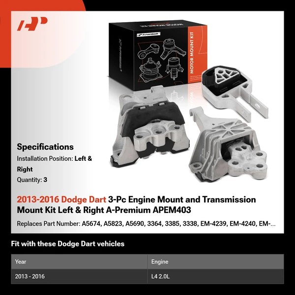 2013-2016 Dodge Dart 3-Pc Engine Mount and Transmission Mount Kit Left & Right A-Premium APEM403
