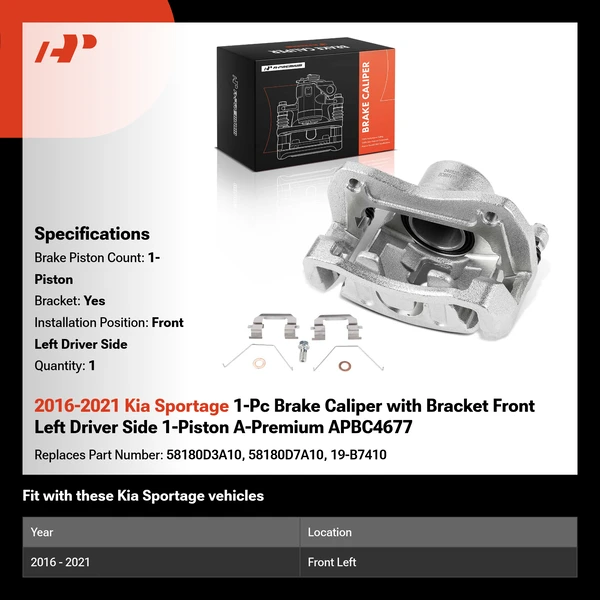2016-2021 Kia Sportage 1-Pc Brake Caliper with Bracket Front Left Driver Side 1-Piston A-Premium APBC4677