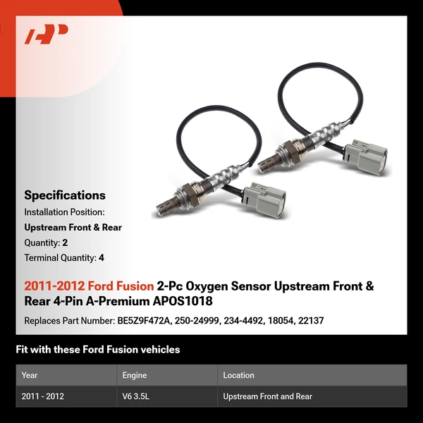 2011-2012 Ford Fusion 2-Pc Oxygen Sensor Upstream Front & Rear 4-Pin A-Premium APOS1018