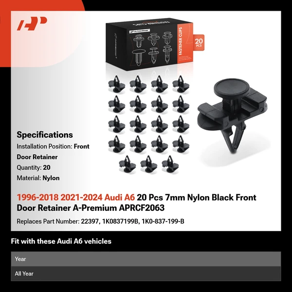 1996-2018 2021-2024 Audi A6 20 Pcs 7mm Nylon Black Front Door Retainer A-Premium APRCF2063