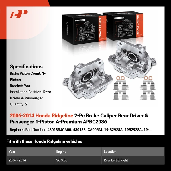 2006-2014 Honda Ridgeline 2-Pc Brake Caliper Rear Driver & Passenger 1-Piston A-Premium APBC2036