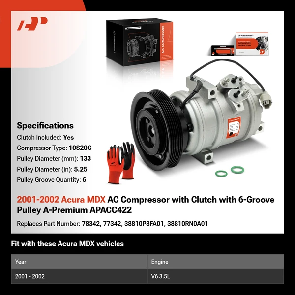 2001-2002 Acura MDX AC Compressor with Clutch with 6-Groove Pulley A-Premium APACC422