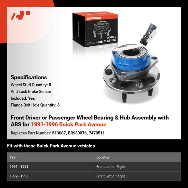 Front Driver or Passenger Wheel Bearing & Hub Assembly with ABS for 1991-1996 Buick Park Avenue