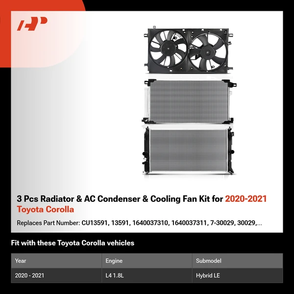3 Pcs Radiator & AC Condenser & Cooling Fan Kit for 2020-2021 Toyota Corolla
