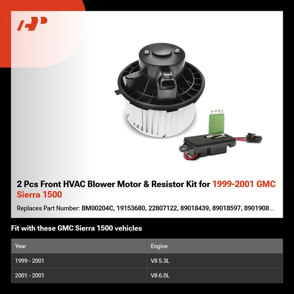 2 Pcs Front HVAC Blower Motor & Resistor Kit for 1999-2001 GMC Sierra 1500