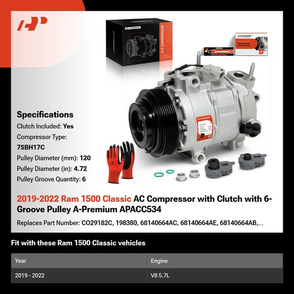 2019-2022 Ram 1500 Classic AC Compressor with Clutch with 6-Groove Pulley A-Premium APACC534