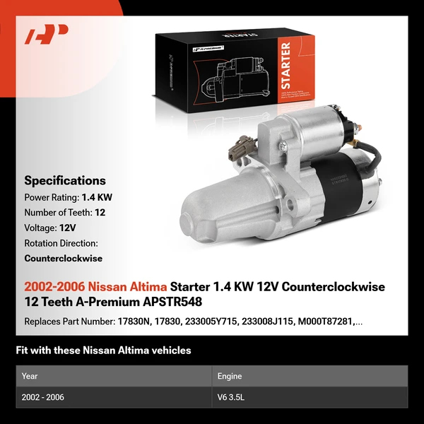 2002-2006 Nissan Altima Starter 1.4 KW 12V Counterclockwise 12 Teeth A-Premium APSTR548