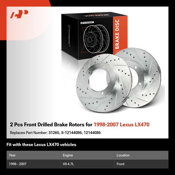 2 Pcs Front Drilled Brake Rotors for 1998-2007 Lexus LX470