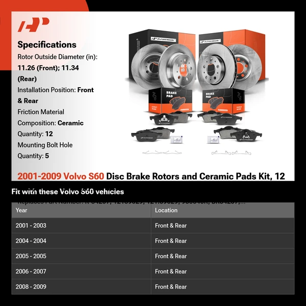 2001-2009 Volvo S60 Disc Brake Rotors and Ceramic Pads Kit, 12 Pcs, Front & Rear, A-Premium, APBRPR467
