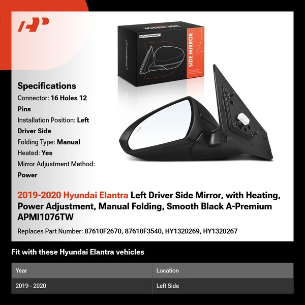 2019-2020 Hyundai Elantra Left Driver Side Mirror, with Heating, Power Adjustment, Manual Folding, Smooth Black A-Premium APMI1076TW