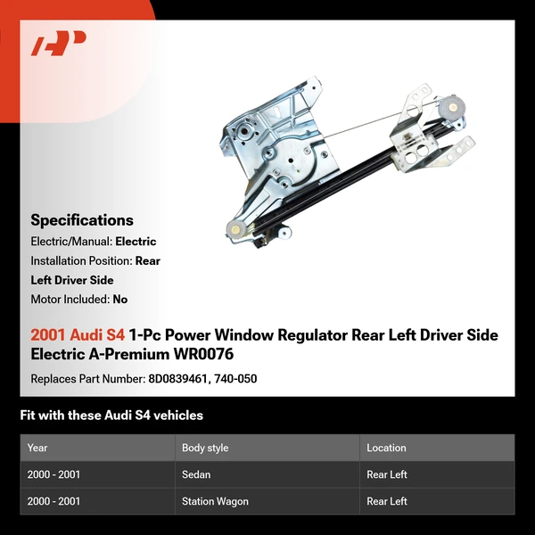 2001 Audi S4 1-Pc Power Window Regulator Rear Left Driver Side Electric A-Premium WR0076