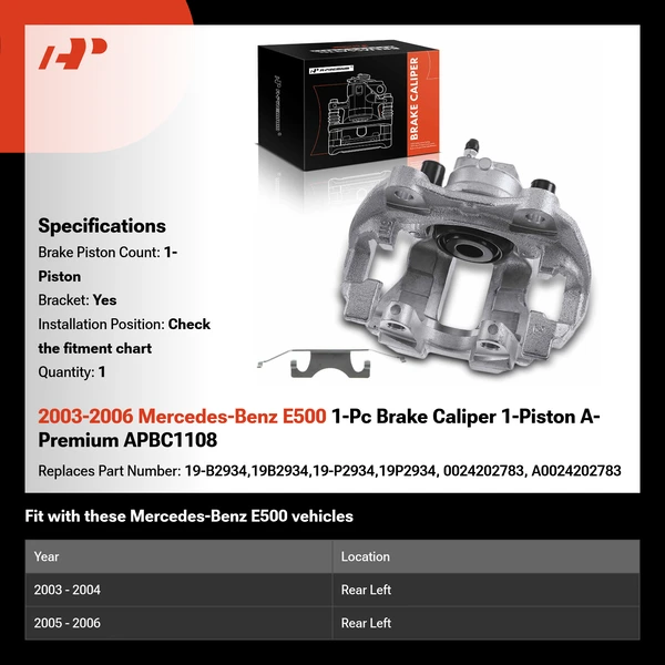 2003-2006 Mercedes-Benz E500 1-Pc Brake Caliper 1-Piston A-Premium APBC1108