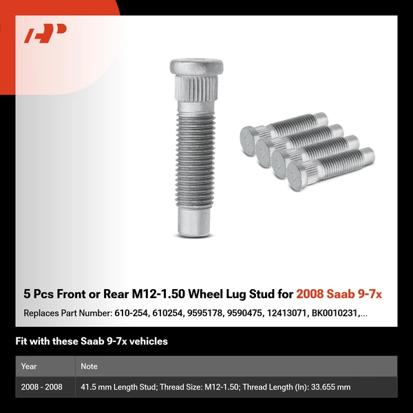 5 Pcs Front or Rear M12-1.50 Wheel Lug Stud for 2008 Saab 9-7x