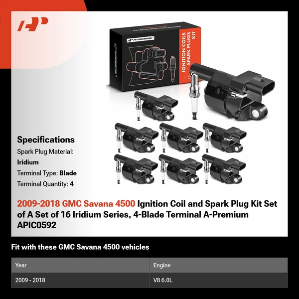 2009-2018 GMC Savana 4500 Ignition Coil and Spark Plug Kit Set of A Set of 16 Iridium Series, 4-Blade Terminal A-Premium APIC0592
