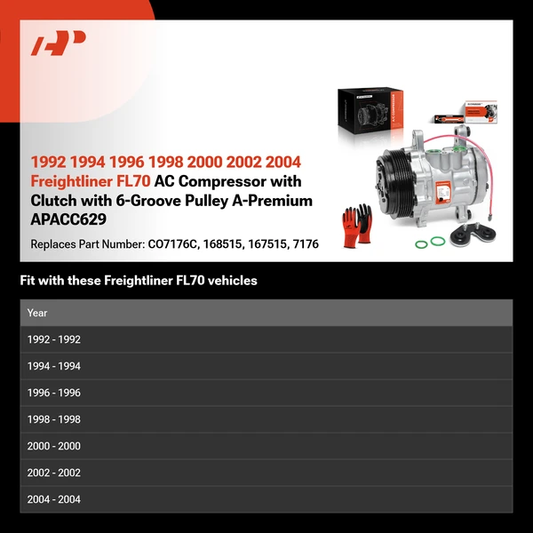 1992 1994 1996 1998 2000 2002 2004 Freightliner FL70 AC Compressor with Clutch with 6-Groove Pulley A-Premium APACC629