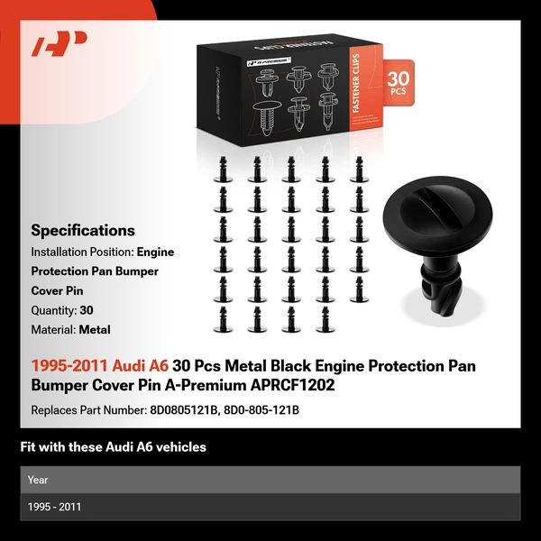 1995-2011 Audi A6 30 Pcs Metal Black Engine Protection Pan Bumper Cover Pin A-Premium APRCF1202