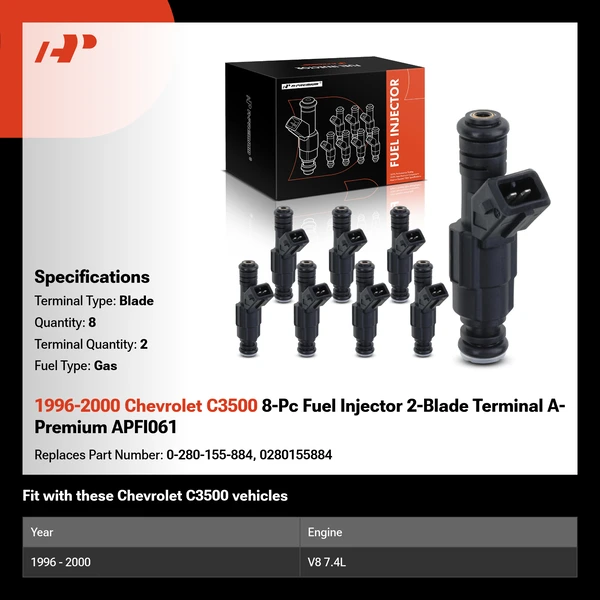1996-2000 Chevrolet C3500 8-Pc Fuel Injector 2-Blade Terminal A-Premium APFI061