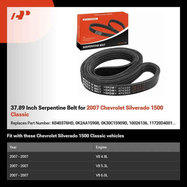 37.89 Inch Serpentine Belt for 2007 Chevrolet Silverado 1500 Classic