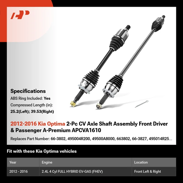 2012-2016 Kia Optima 2-Pc CV Axle Shaft Assembly Front Driver & Passenger A-Premium APCVA1610