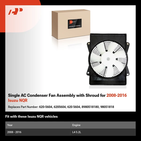 Single AC Condenser Fan Assembly with Shroud for 2008-2016 Isuzu NQR