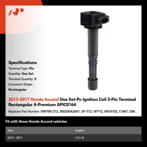 2013-2017 Honda Accord One Set-Pc Ignition Coil 3-Pin Terminal Rectangular A-Premium APIC0164