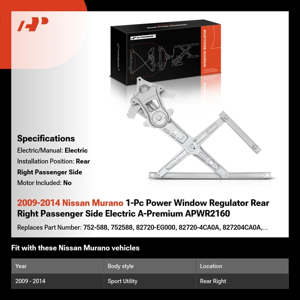 2009-2014 Nissan Murano 1-Pc Power Window Regulator Rear Right Passenger Side Electric A-Premium APWR2160
