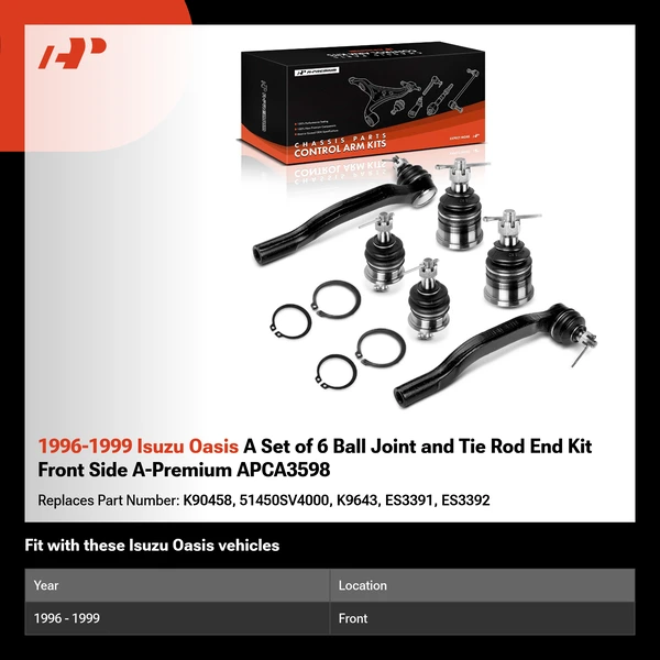 1996-1999 Isuzu Oasis A Set of 6 Ball Joint and Tie Rod End Kit Front Side A-Premium APCA3598