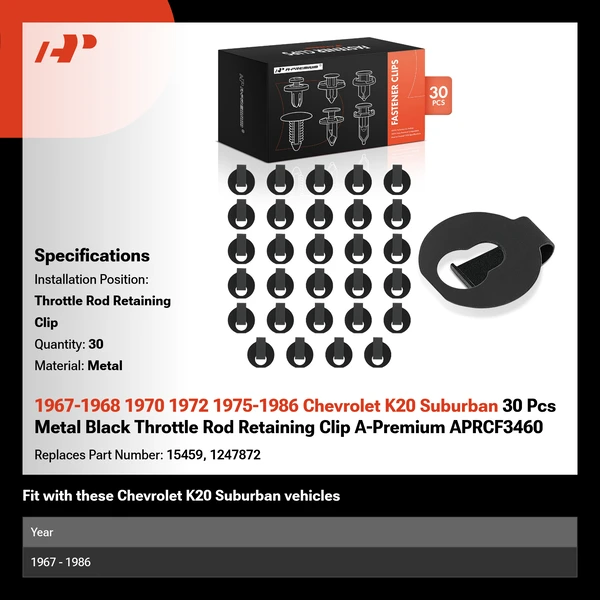 1967-1968 1970 1972 1975-1986 Chevrolet K20 Suburban 30 Pcs Metal Black Throttle Rod Retaining Clip A-Premium APRCF3460