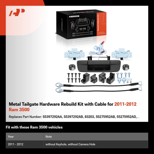 Metal Tailgate Hardware Rebuild Kit with Cable for 2011-2012 Ram 3500