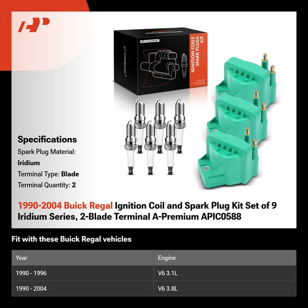 1990-2004 Buick Regal Ignition Coil and Spark Plug Kit Set of 9 Iridium Series, 2-Blade Terminal A-Premium APIC0588