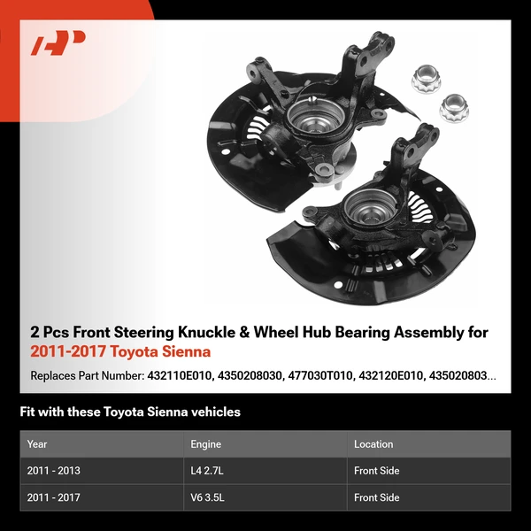 2 Pcs Front Steering Knuckle & Wheel Hub Bearing Assembly for 2011-2017 Toyota Sienna