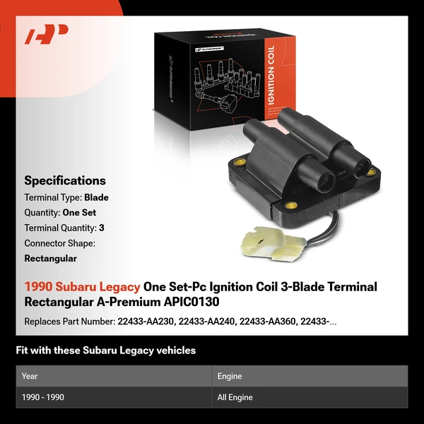 1990 Subaru Legacy One Set-Pc Ignition Coil 3-Blade Terminal Rectangular A-Premium APIC0130