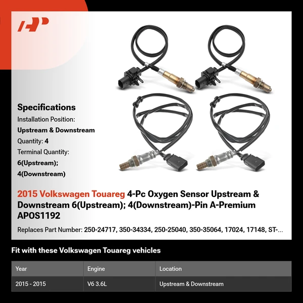 2015 Volkswagen Touareg 4-Pc Oxygen Sensor Upstream & Downstream 6(Upstream); 4(Downstream)-Pin A-Premium APOS1192