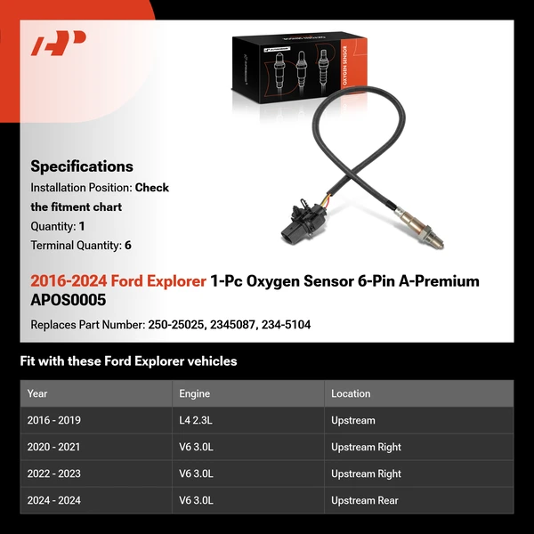 2016-2024 Ford Explorer 1-Pc Oxygen Sensor 6-Pin A-Premium APOS0005