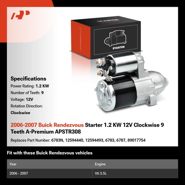 2006-2007 Buick Rendezvous Starter 1.2 KW 12V Clockwise 9 Teeth A-Premium APSTR308