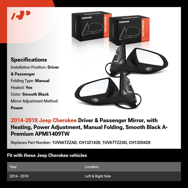 2014-2018 Jeep Cherokee Driver & Passenger Mirror, with Heating, Power Adjustment, Manual Folding, Smooth Black A-Premium APMI1409TW