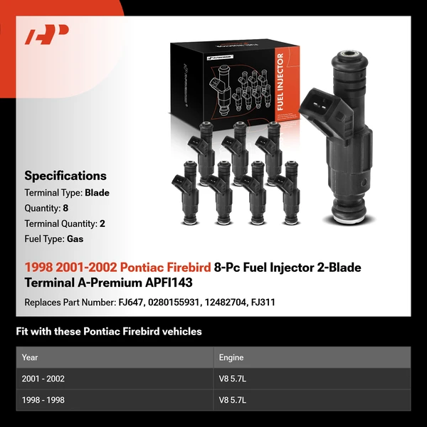 1998 2001-2002 Pontiac Firebird 8-Pc Fuel Injector 2-Blade Terminal A-Premium APFI143
