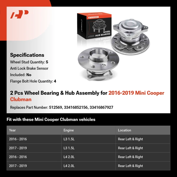2 Pcs Wheel Bearing & Hub Assembly for 2016-2019 Mini Cooper Clubman
