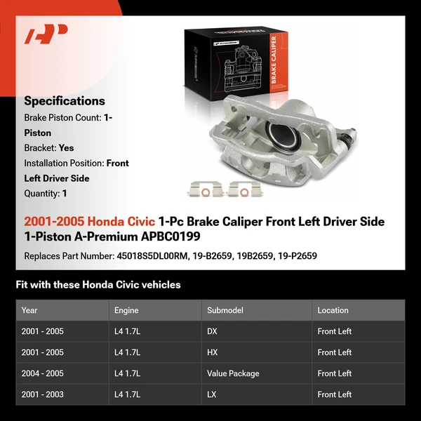 2001-2005 Honda Civic 1-Pc Brake Caliper Front Left Driver Side 1-Piston A-Premium APBC0199