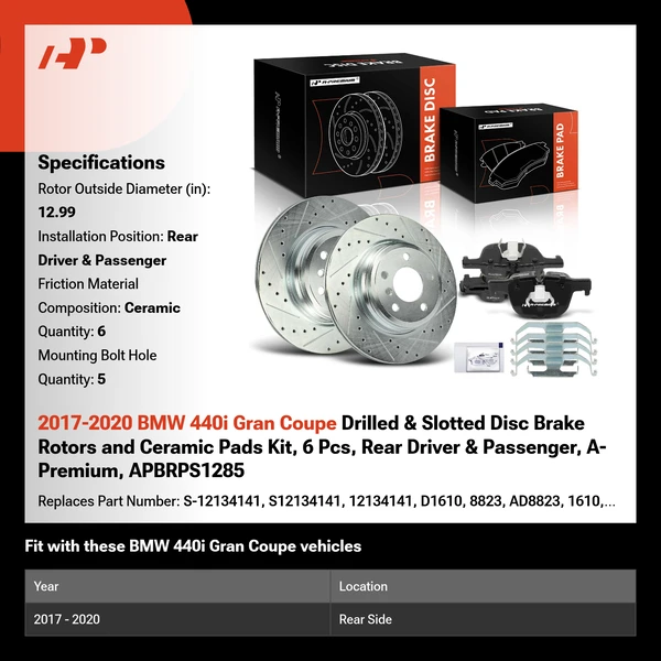 2017-2020 BMW 440i Gran Coupe Drilled & Slotted Disc Brake Rotors and Ceramic Pads Kit, 6 Pcs, Rear Driver & Passenger, A-Premium, APBRPS1285